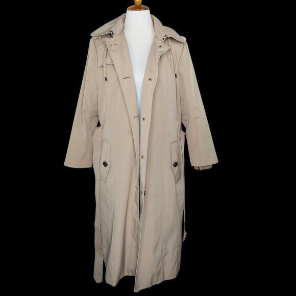 London Fog Maxi Trench Coat Size Large Hooded Belt Removable Liner Khaki - Picture 3 of 16
